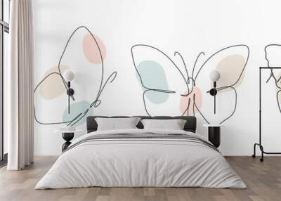 Butterfly continuous one line  drawing set. Linear art butterfly flying with abstract pastel color shapes collection. Vector isolated on white. Wall mural