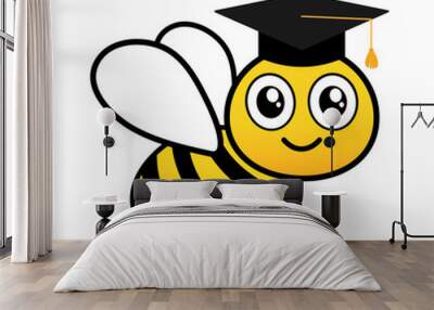 cute friendly bee in graduate hat. flying scholar bee with big kind eyes. insect education character Wall mural