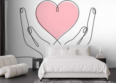 Hands holding color heart continuous one line drawing. Charity donation linear concept. Vector illustration isolated on white. Wall mural