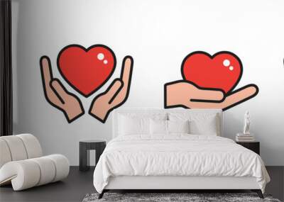 Heart with hands colorful icons set. Assistance and support symbols collection. Voluntary signs. St. Valentine Day concept. Vector isolated on the white background Wall mural