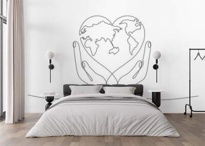 Human hands holding Earth globe continuous line art drawing. Save of Planet linear concept. Vector illustration isolated on white. Wall mural