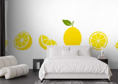 Lemon cut slices vector set. Whole, half and slice chopped lemon fruit flat collection. Citrus elements group. Illustration isolated on white background. Wall mural