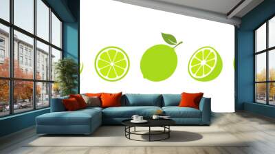 Lime cut slices vector set. Whole, half and slice chopped lime fruit flat collection. Citrus elements group. Illustration isolated on white background. Wall mural