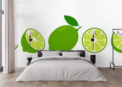 Lime fresh slices set. Cut limes fruit slice for lemonade juice or vitamin c logo. Citrus icons vector illustration isolated on white background. Wall mural