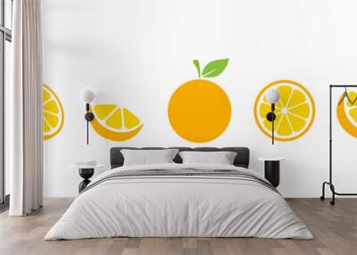 Orange slices set. Whole, half and slice chopped orange fruit. Vector illustration isolated on white background. Wall mural