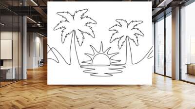 Palm tree with ocean and mountains continuous line drawing. Tropic landscape. Vector illustration isolated on white. Wall mural