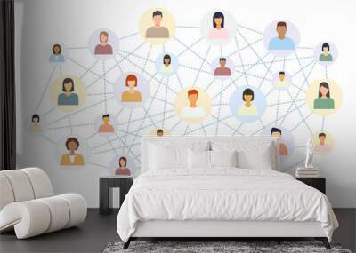 Social network scheme connecting multicultural people. Abstract social network world connect people icons relationship vector illustration isolated on white. Wall mural