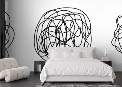 Tangled round scribble shapes set continuous line drawn. Chaotic linear circles collection. Vector illustration isolated on white. Wall mural