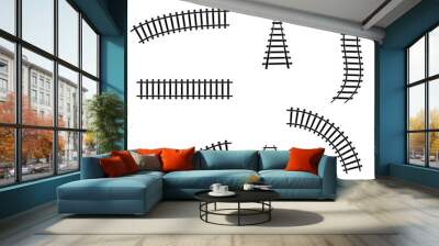 Train tracks set vector illustration isolated on white. Transportation rail curve straight and road. Wall mural