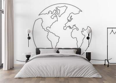 World map one line art. Continuous Earth doodle line drawing. Earth globe hand drawn symbol. Vector illustration isolated on white background. Wall mural