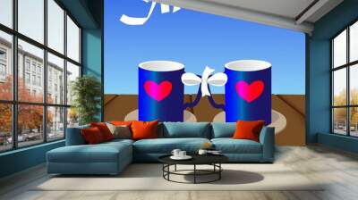 In love. 2 blue cups with the image of red hearts stand on a wooden table. The cups are tied with a white ribbon with a bow. Image against a blue sky Wall mural