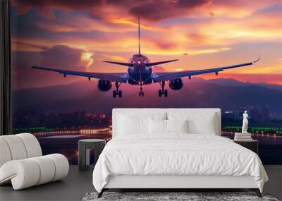 The aircraft goes to land at the airport. The plane passed the runway and rises into the sky. Wall mural