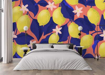 Seamless pattern of lemons on branches with blue leaves Wall mural