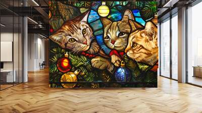 Three realistic cats in stained glass window with Christmas ornaments, AI Generation Wall mural