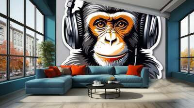 Cute monkey with headphones Cartoon: Minimalist Sticker on background Wall mural