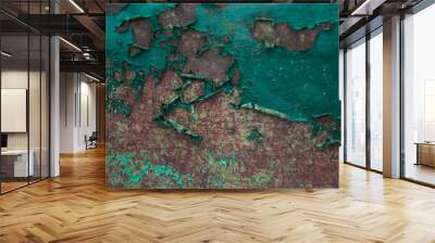 background with cracked paint. green abstract texture. old rusty iron door Wall mural