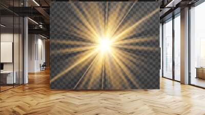 Vector light on isolated transparent background. Sun, rays of light png. Magic glow, golden light png Wall mural