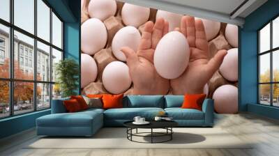 White eggs on kid hands, flat lay Wall mural