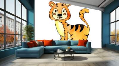 Watercolor illustration, orange tiger isolated on white background, wild animals, Chinese New Year zodiac sign symbol Wall mural