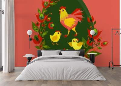 Isolated vector greeting card with cute hen and two little chickens painted on Easter egg decorated with red flowers Wall mural