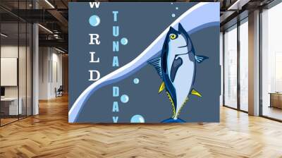 World Tuna Day Illustration. Vector isolated tuna fish stylized clipart banner, poster with lettering. Sea and ocean life marine Wall mural