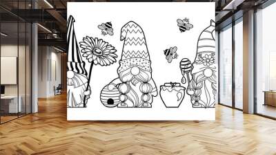 Set gnomes with honey and bees, hello spring summer, honey jar, gnomes with a daisy, gnome bee, hive cartoon characters dwarves vector linear art for printing greeting cards and coloring books Wall mural