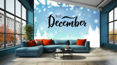 December word. Hand lettering typography with snowflakes. Vector illustration as poster, postcard, greeting card, invitation template. Concept February advertising Wall mural