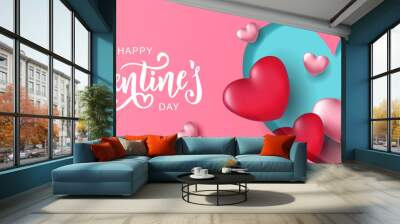 Happy Valentine's day text, hand lettering typography poster. Vector illustration. Romantic quote postcard, card, invitation, banner template.  Wall mural