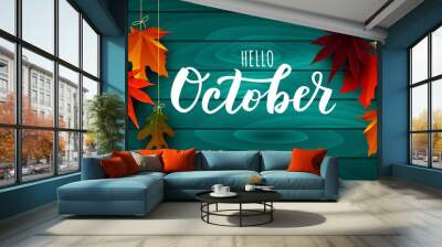 October word. Hand lettering typography with autumn leaves. Vector illustration as poster, postcard, greeting card, invitation template. Concept October advertising Wall mural