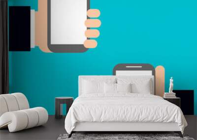 Two hands holding a mobile phones. Vector illustration. Wall mural