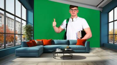 Handsome male student smiling and showing thumb up gesture, cool sign like. Happy guy in shirt outdoors, copy space. On green isolated background. Man holds textbooks and books in his hands. Wall mural