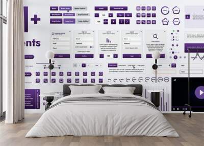 A set of modern purple web interface elements designed for the development and design of websites and mobile applications. Includes buttons, icons, navigation elements, slyder, forms. Wall mural