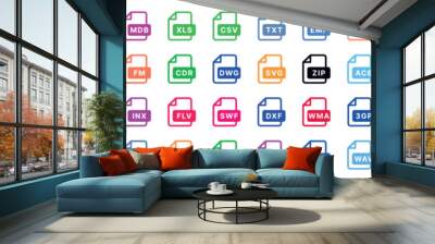 This image is a set of 56 color icons related to different file types and multimedia formats in a flat style. Wall mural