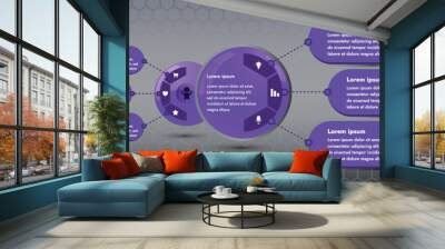 Three infographic elements with 6 and 3 sections for information. The set will help you present your data in a modern way. Use the collection to create presentations, create animated infographics. Wall mural