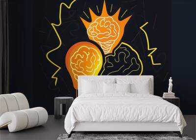 A vibrant cartoon-style illustration of an electric light bulb with two half brains connected by yellow lightning, set against a dark background Wall mural