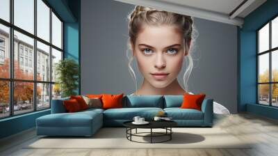 Photo of an elegant mature Caucasian woman, gazing at the camera against a gray backdrop, showcasing a Dutch braid hairstyle Wall mural