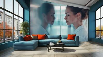 Young female doctor standing by a glass wall, deep in thought, reflecting on the challenges of her medical career.

 Wall mural