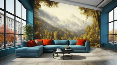 Futuristic landscape with abstract landscape and island, shine. Natural scene with reflection of light in the water. 3D illustration. Ai generated art illustration Wall mural