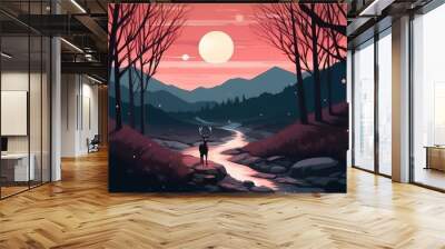 Landscape with moon and tree. AI generated art illustration. Wall mural