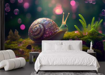 Snail on a green leaf. Generative AI Wall mural