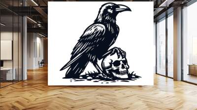 Raven with skull isolated vector illustration Wall mural