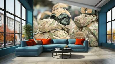 Army soldier with a machine gun in his hand. Soldier, commando standing, ready for combat training. Military fashion. Army parade - a march of soldiers in uniform. Wall mural