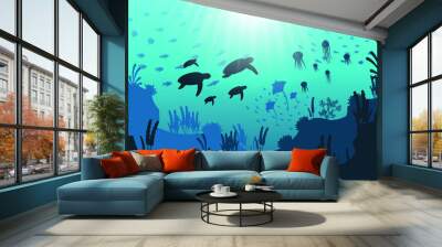 Abstract Blue Underwater Ocean Sea Nature Background Vector With Fish And Shadows Seaweed Wall mural