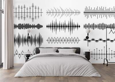 Set Black Collection Abstract Elements Audio Waves Voice Sound Music Shapes Vector Design Style Wall mural