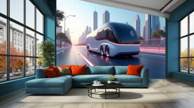 3D futuristic electric van moving along the highway Wall mural