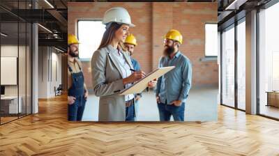 a female director with a folder in her hands and workers in yellow paints are smiling and discussing in the premises of a building under construction Wall mural