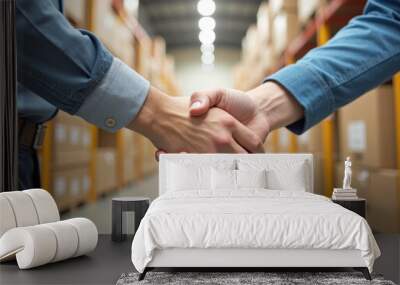 a man's handshake in a warehouse with cardboard boxes Wall mural