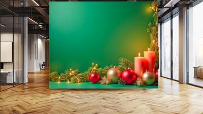 Christmas decoration on a green background, balloons, garland, lights, candles, minimalism Wall mural