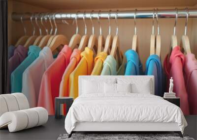 Colorful clothes are hanging in the wardrobe close up Wall mural