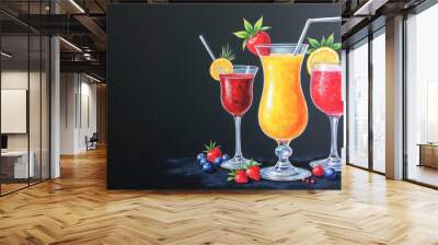 illustration of a fruit cocktail on a black background Wall mural